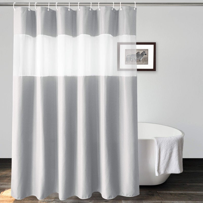 UFRIDAY Waffle Weave Fabric Shower Curtain with Mesh Window, Heavy Duty Decorative Bathroom Curtain with White Pique Pattern, Spa-Like Hotel Luxury, Water-Repellent,72 x 72 Inches - Image 1